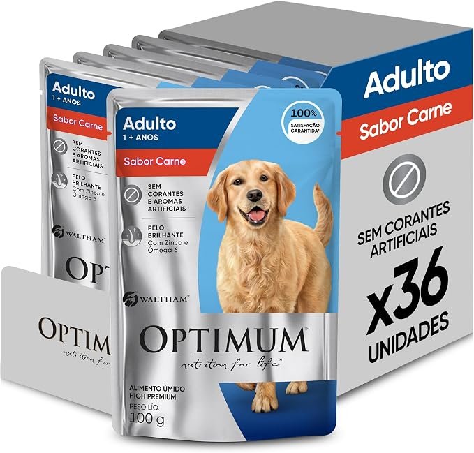 Ração Úmida Optimum Sachê para Cães Adultos Sabor Carne 100g - Pack com 36 unidades